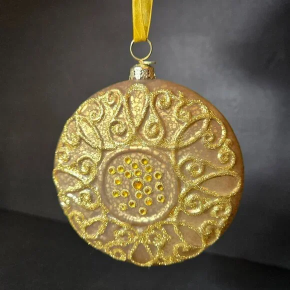 Frontgate Gold Glitter Medallion Glass Ornament Hand Decorated 5 Inch Holiday - Picture 1 of 7